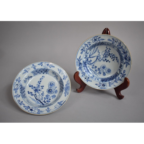 364 - A Pair of 18th Century Chinese Porcelain Shallow Bowls decorated in Blue and White Blossoming Branch... 