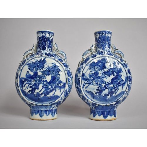 357 - A Pair of 19th Century Chinese Blue and White Moon Flasks Decorated with Battle Scenes having Stylis... 