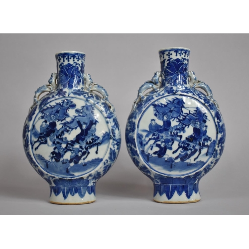 357 - A Pair of 19th Century Chinese Blue and White Moon Flasks Decorated with Battle Scenes having Stylis... 