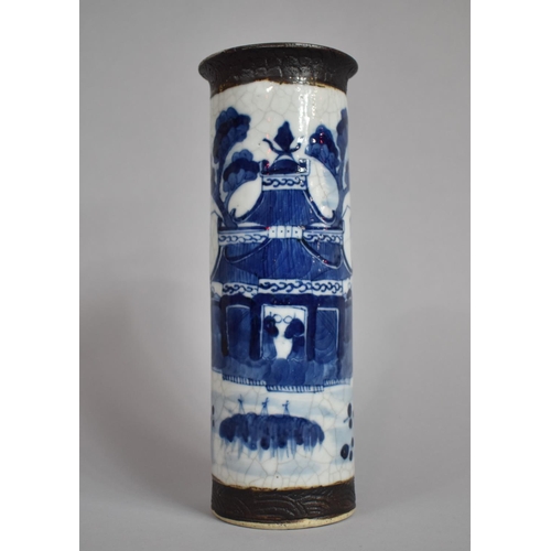 358 - A Chinese Nanking Blue and White Crackle Glazed Sleeve Vase, Decorated with River Village Scene with... 