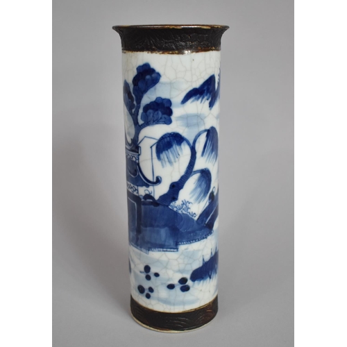 358 - A Chinese Nanking Blue and White Crackle Glazed Sleeve Vase, Decorated with River Village Scene with... 