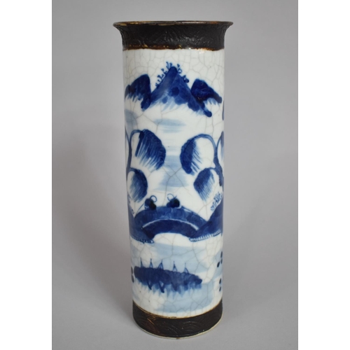 358 - A Chinese Nanking Blue and White Crackle Glazed Sleeve Vase, Decorated with River Village Scene with... 