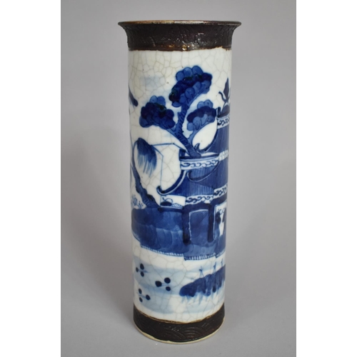 358 - A Chinese Nanking Blue and White Crackle Glazed Sleeve Vase, Decorated with River Village Scene with... 