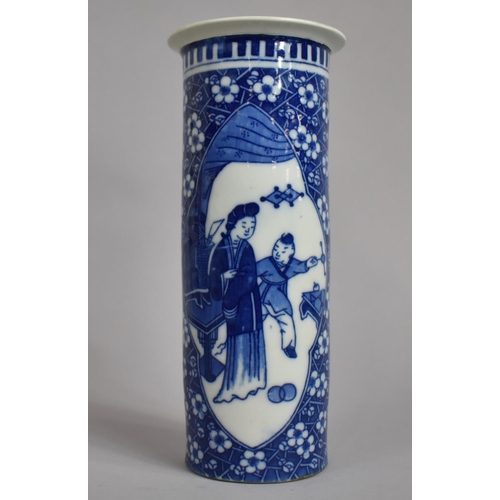 360 - A Chinese Blue and White Sleeve Vase decorated with Prunus Pattern Ground and having Figural Cartouc... 