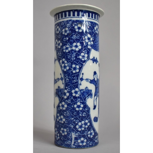 360 - A Chinese Blue and White Sleeve Vase decorated with Prunus Pattern Ground and having Figural Cartouc... 