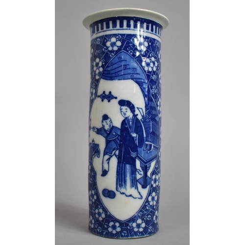 360 - A Chinese Blue and White Sleeve Vase decorated with Prunus Pattern Ground and having Figural Cartouc... 