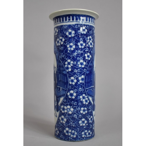 360 - A Chinese Blue and White Sleeve Vase decorated with Prunus Pattern Ground and having Figural Cartouc... 