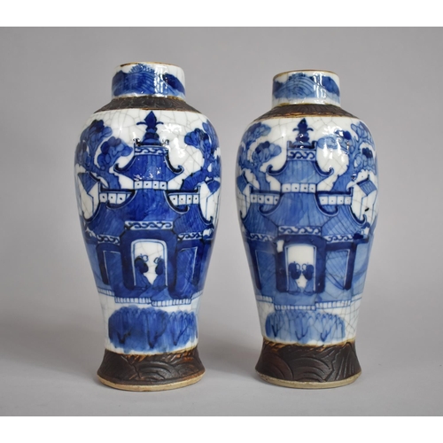 361 - A Pair of Chinese Blue and White Nanking Crackle Glazed Vases decorated with Figures, Oxidised Rims ... 