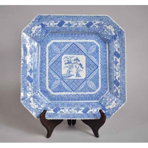 362 - A Japanese Blue and White Plate of Square Canted form Decorated with Central Blossoming Tree and Geo... 