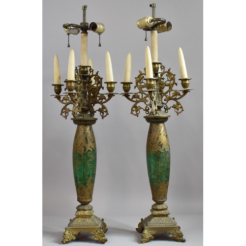 288 - A Pair of Early 20th century French Metal and Green Glass Lamps having Faux Five Branches Decorated ... 