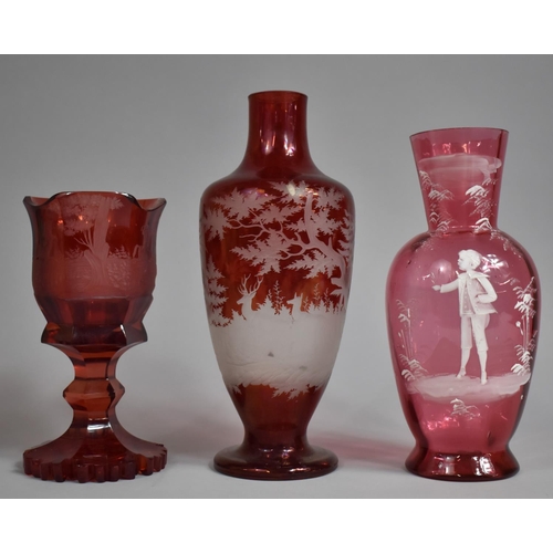 281 - A Bohemian Ruby Glass Chalice of Shaped Form with Acid Etched Hunting Scenes (Chip to Base) together... 