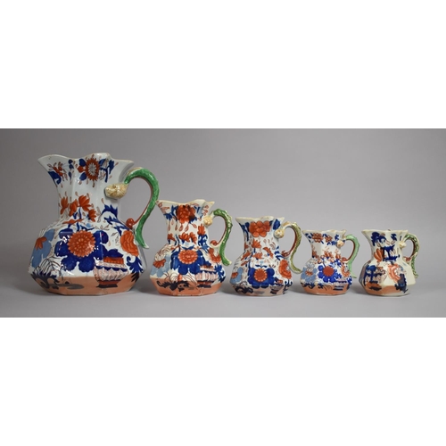 328 - A Graduated Collection of Five Masons Imari Ironstone China Jugs of Shaped Form with Snake Stylised ... 