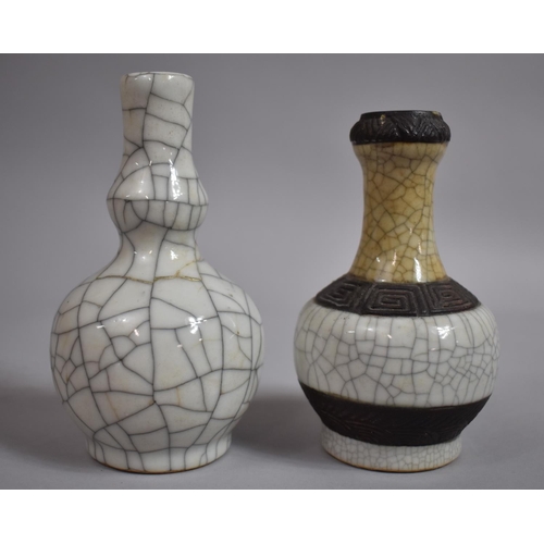 385 - Two Small Chinese Crackle Glazed Vases. One of Double Gourd Form, The Other with Oxidised Greek Key ... 