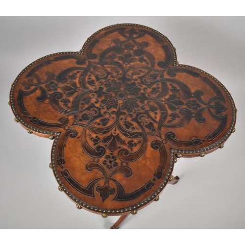 445 - A Nice Quality X Framed Occasional Table with Quatrefoil Tooled Leather Top. Brass Studs to Border. ... 