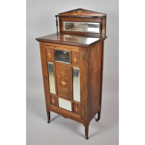 446 - A Victorian Inlaid Rosewood Music Cabinet having Mirrored Raised Gallery Shelf, Panelled Door with I... 