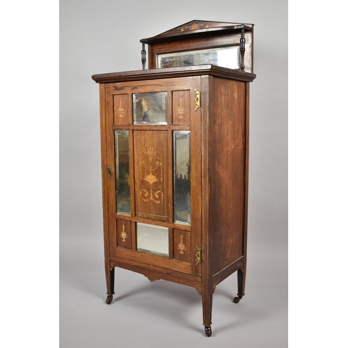 446 - A Victorian Inlaid Rosewood Music Cabinet having Mirrored Raised Gallery Shelf, Panelled Door with I... 