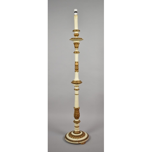 453 - A Mid 20th Century White and Gilt Standard Lamp with Acanthus Carvings, Circular Base on Bun Feet