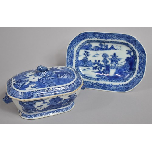 351 - An 18th/19th Century Chinese Porcelain Blue and White Export Lidded Tureen of Small Proportions Deco... 