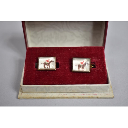 169 - A Pair of Early to Mid 20th Century Essex Crystal Style Boxed Cufflinks Decorated with Racehorse and... 