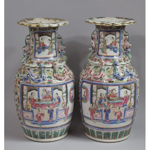 299 - A Pair of Late 18th/Early 19th Century Chinese Canton Vases Decorated in the Famille Rose Palette wi... 