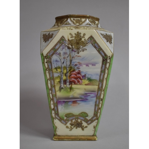 300 - A Japanese Kinjo China Vase of Shaped Canted Form with Hand Painted Decoration. 21cms High