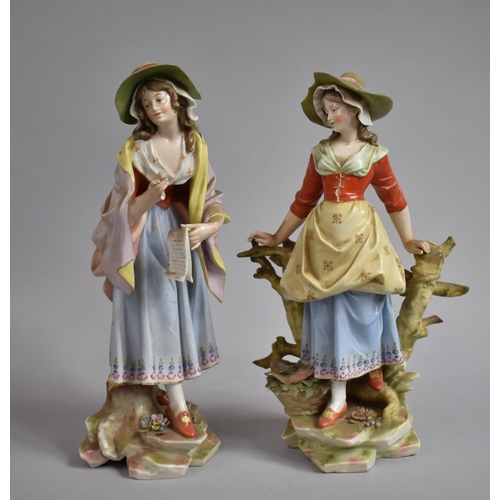 332 - A Pair of Continental Porcelain Figures, Maiden with Basket of Fish and Maiden with Shopping List. U... 