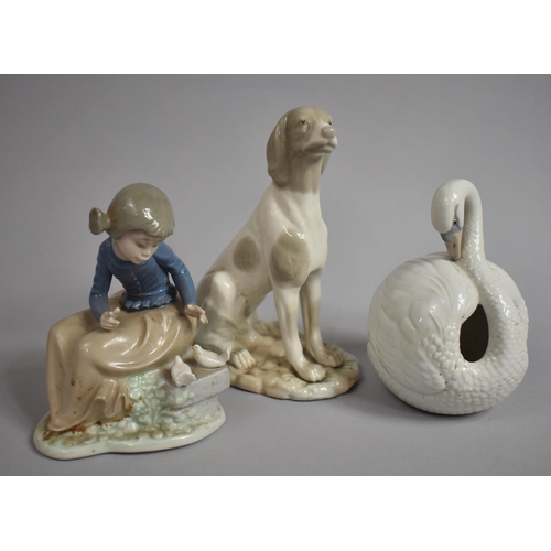 334 - Three Spanish Ornaments to include Lladro Swan, Nao Girl and a Nadal Hound