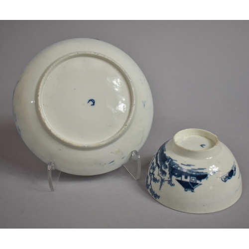 335 - An 18th Century Worcester Blue and White Teabowl and Saucer Decorated with Oriental Scene