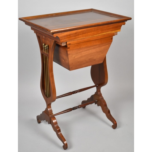 458 - A Modern Mahogany Sewing Table with Removable Tray Top, Pull Out Wool Well and Brass Mounted Lyre Su... 