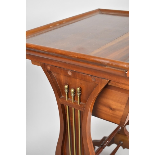 458 - A Modern Mahogany Sewing Table with Removable Tray Top, Pull Out Wool Well and Brass Mounted Lyre Su... 