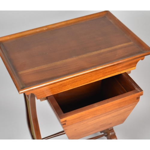 458 - A Modern Mahogany Sewing Table with Removable Tray Top, Pull Out Wool Well and Brass Mounted Lyre Su... 