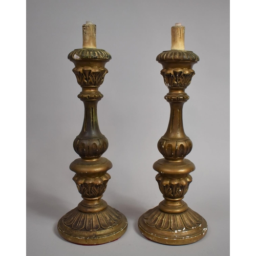 340 - A Pair of Mid 20th Century Cast Plaster Gilt Decorated Table Lamp Bases, 45cms High (No Electrical F... 