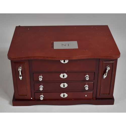 A Modern Mahogany Lift Top Jewellery Box with Fitted Interior, Three Center Drawers and Two Hinged S