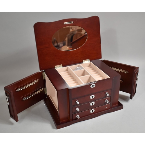 A Modern Mahogany Lift Top Jewellery Box with Fitted Interior, Three Center Drawers and Two Hinged S