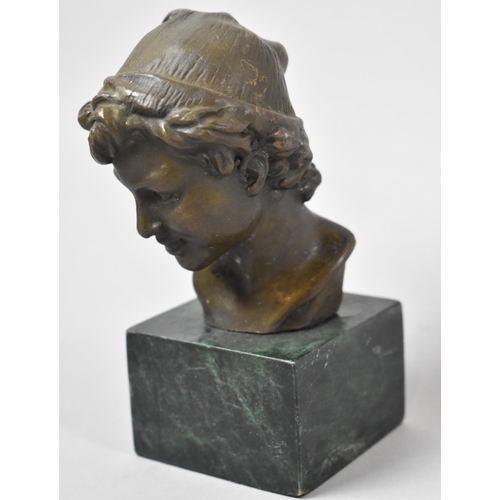 18 - A Reproduction Bronze Study of Peter Pan on Faux Green Marble Base, 13cm high