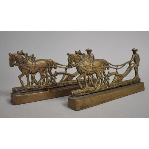 24 - A Pair of Victorian Brass Fireside Ornaments or Doorstops in the Form of Heavy Horses Ploughing, 23c... 