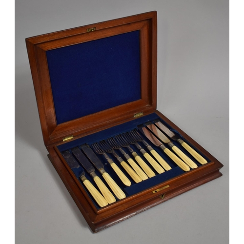 5 - A Late 19th Century Ivory Handled and Silver Plated Twelve Piece Fruit Set with Removable Tray, Maho... 