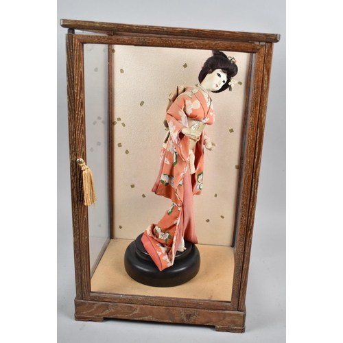 572 - A Mid 20th Century Cased Japanese Doll, Two Glass Panels Missing, 49cm high