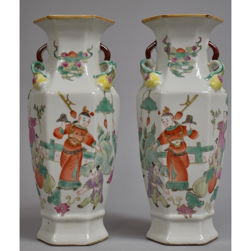 335 - A Pair of Chinese Porcelain Vases of Hexagonal Form decorated in the Famille Rose Palette with Figur... 