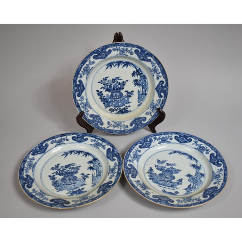 311 - A Set of Three 18th/19th Century Chinese Blue and White Export Plates Decorated with Antique Vase of... 