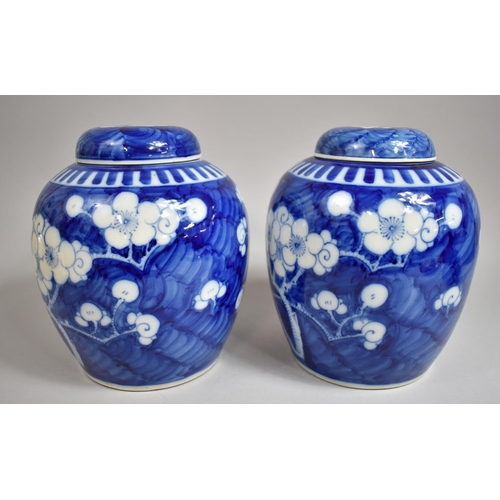 304 - A Good Pair of Large Chinese Prunus Pattern Ginger Jars with Covers on Pierced Wooden Stands, Four C... 