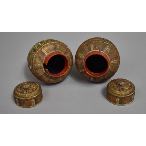 69 - A Pair of Small Kashmiri Baluster Vases and Covers Decorated in Polychrome Enamels, 10.5cms High