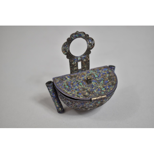 275 - A 19th Century Chinese Silver and Enamel Scribes Inkwell of Stoup Form with Hinged Lid Flanked by Tw... 