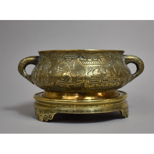 257 - A Large Chinese Bronze Two Handled Gui Vessel/Censer on Stand, Decorated with Cast and Chased Battle... 