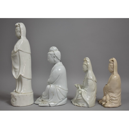 341 - Four Chinese Blanc De Chine Porcelain Figures of Guanyin, Three in Seated Position and One Standing.... 