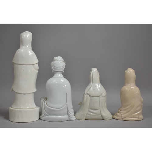 341 - Four Chinese Blanc De Chine Porcelain Figures of Guanyin, Three in Seated Position and One Standing.... 