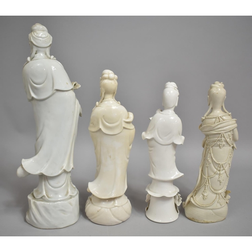 338 - Four  Chinese Blanc De Chine Porcelain Figures of Guanyin, Various Ages but Mainly 20th Century, Con... 