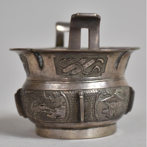 277 - A Chinese Silver Pot of Archaic Form decorated with Cartouche Panels depicting Deer, Scrolls, Scenes... 