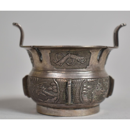 277 - A Chinese Silver Pot of Archaic Form decorated with Cartouche Panels depicting Deer, Scrolls, Scenes... 