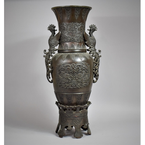 256 - A Large and Heavy Chinese Bronze Vase on Stand having Two Cockerel Head Handles and Relief Cartouche... 